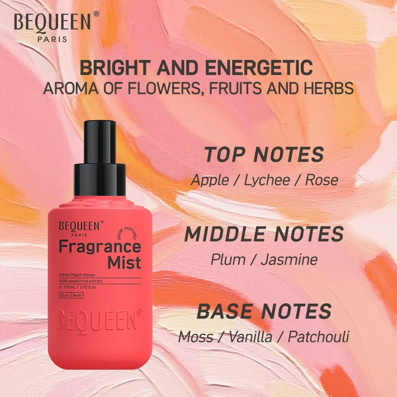 A 175ml multi-purpose peach scented mist for hair and body with long-lasting fragrance, featuring peach fruit extract.